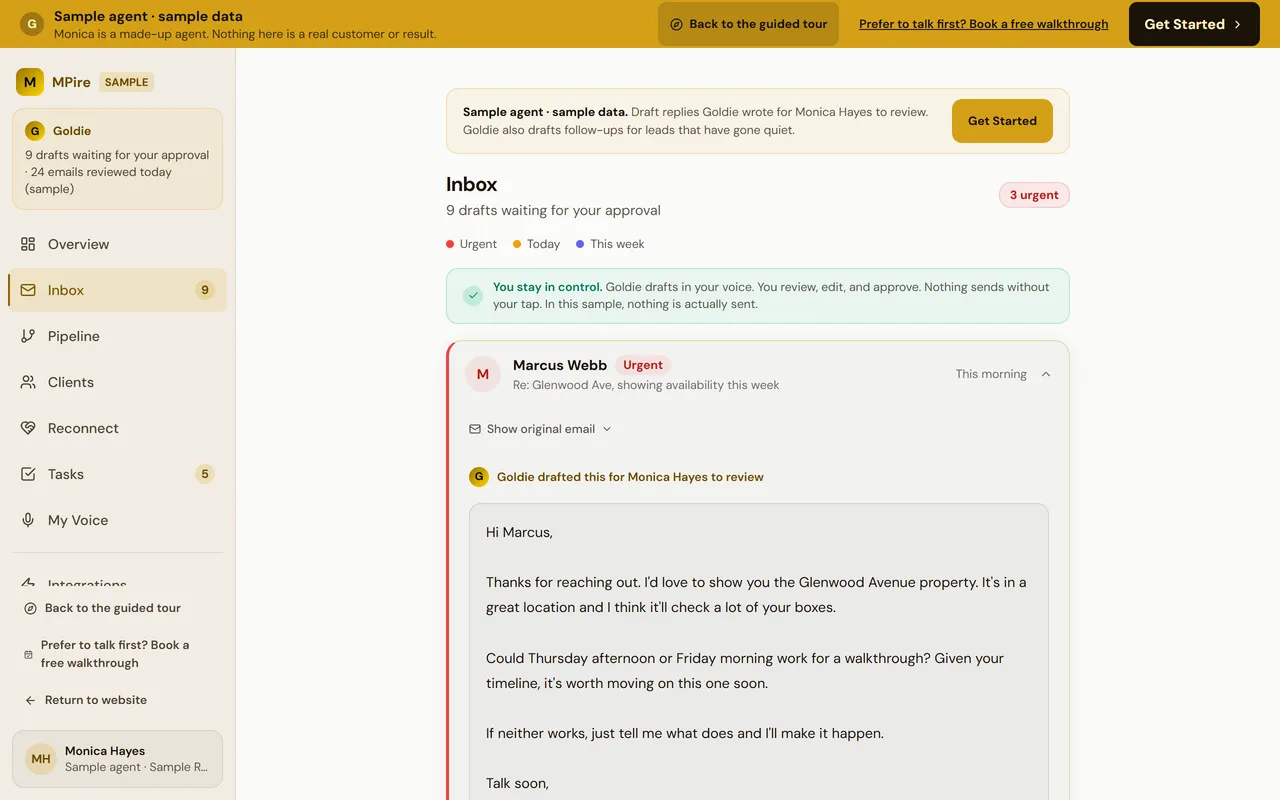 Sample inbox with drafts waiting for approval