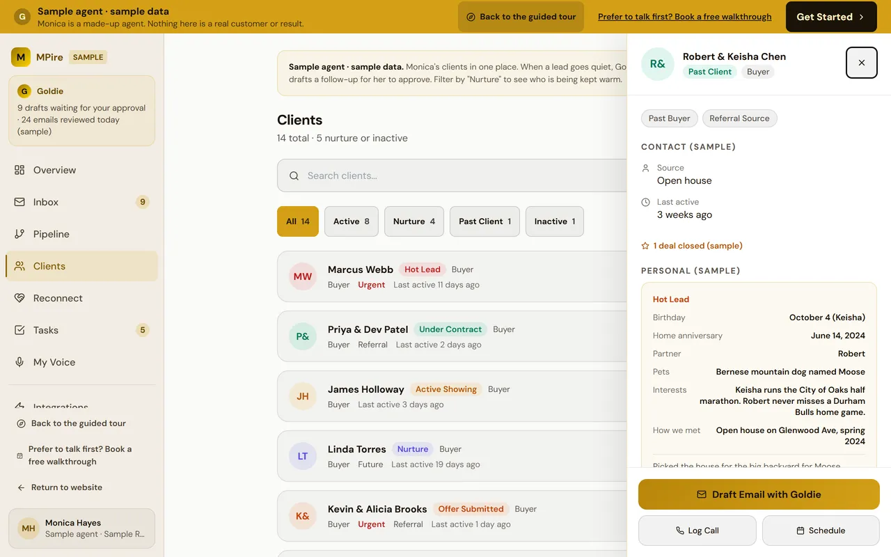 Sample client profile with personal details
