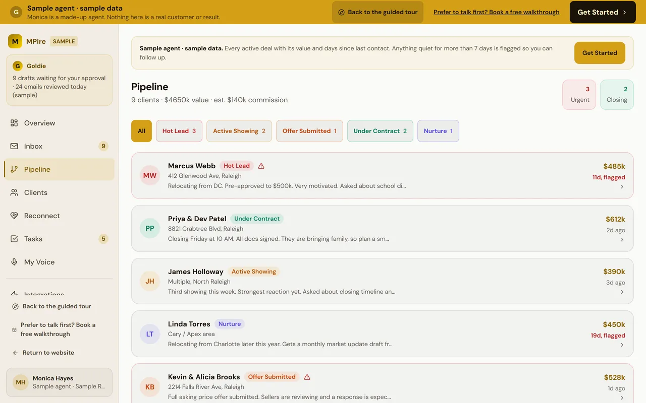 Sample pipeline board by deal stage